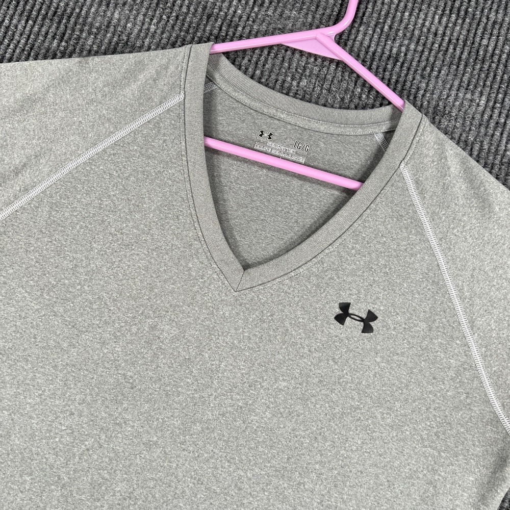 Under Armour Shirt Womens Large Gray Short Sleeve V Neck Heat Gear Semi Fitted